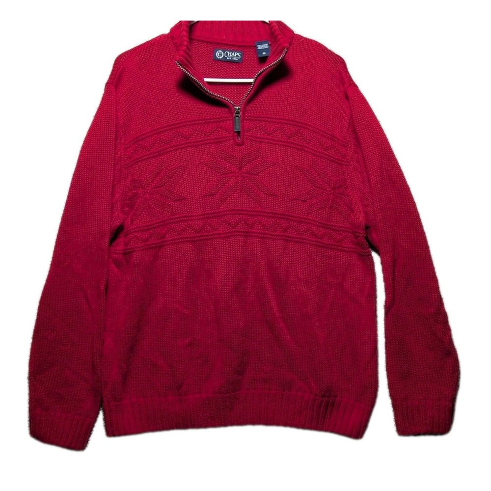 Chaps Mens 1/4 Zip Knit Sweater Size M Red Christmas Snowflake‎